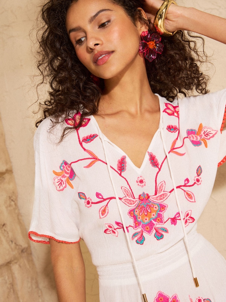 Love & Roses White Woodblock Embroidered Mini Kaftan Cover-Up - Image 2 of 4
