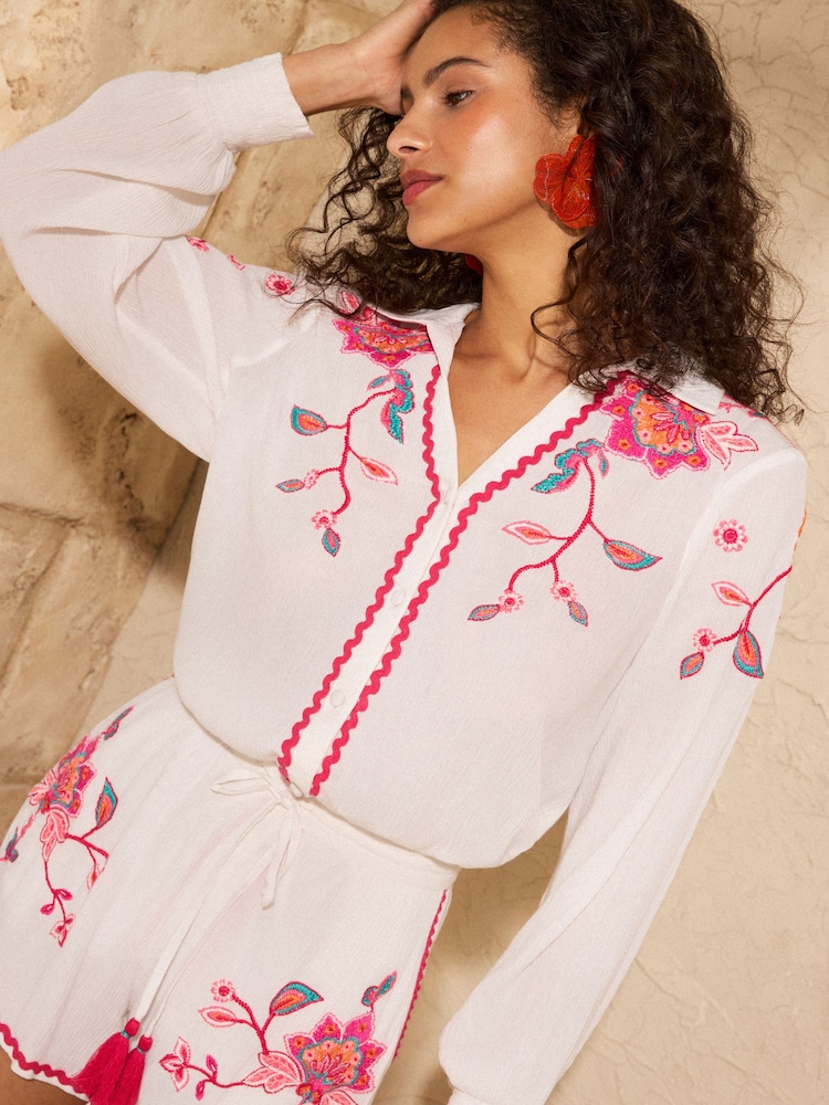 Love & Roses White Woodblock Embroidered Beach Shirt - Image 2 of 4