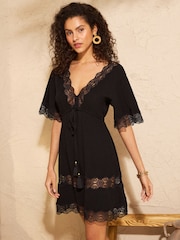 Love & Roses Black Lace Trim Tassel Tie Detail Kaftan - Image 3 of 4