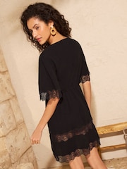 Love & Roses Black Lace Trim Tassel Tie Detail Kaftan - Image 4 of 4