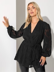 Yours Curve Black London Floral Jacquard Burn Out Wrap Top - Image 1 of 5