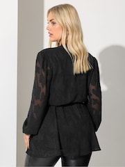 Yours Curve Black London Floral Jacquard Burn Out Wrap Top - Image 3 of 5