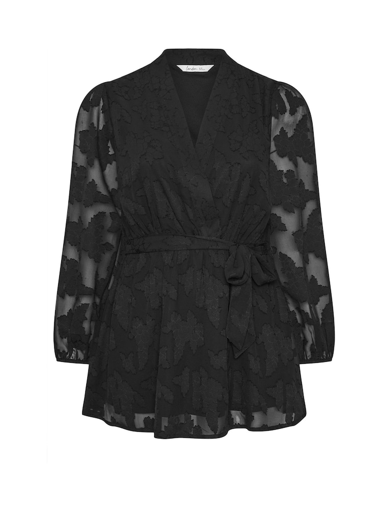 Yours Curve Black London Floral Jacquard Burn Out Wrap Top - Image 5 of 5