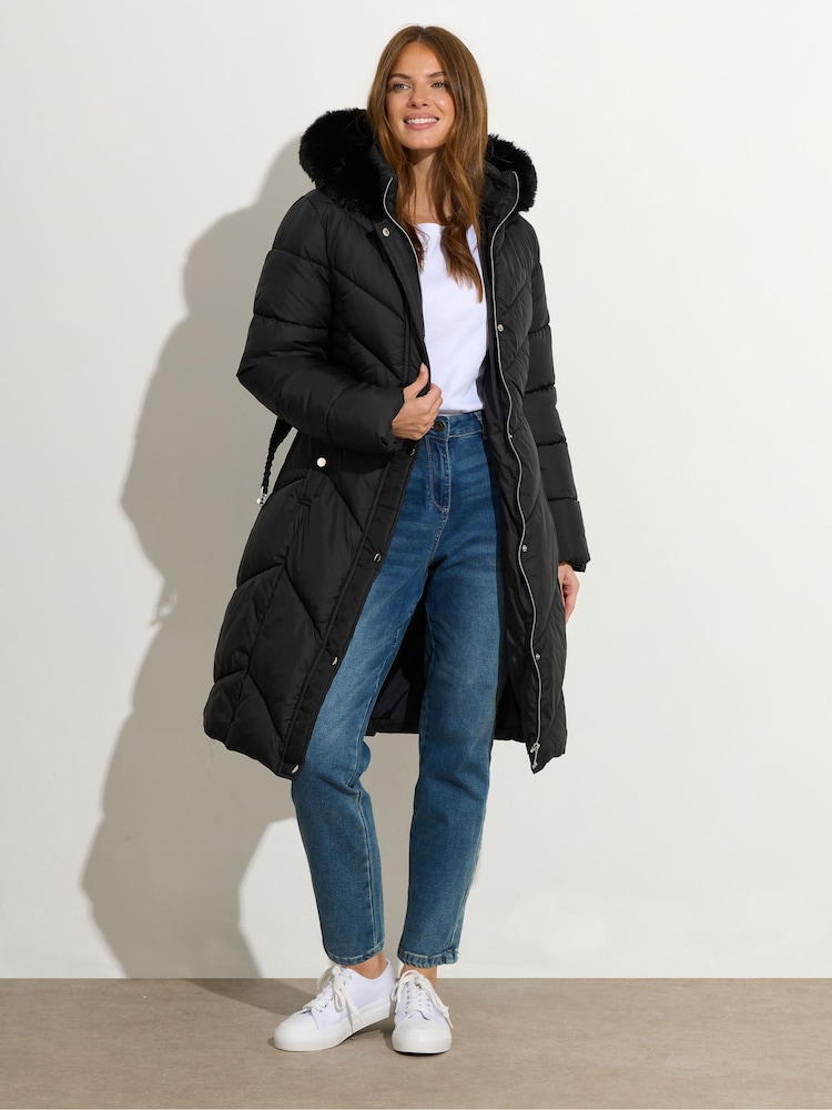 M&Co Black Glam Belted Padded Midi Coat - Image 2 of 6 M&Co Black Glam Belted Padded Midi Coat - Image 2 of 6