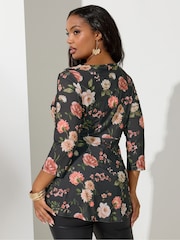 Yours Curve Black London Floral Knot Front Top - Image 3 of 4