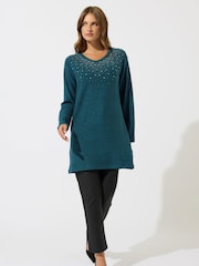 M&Co Green Diamonte Trim V-Neck Tunic Jumper - Image 2 of 5