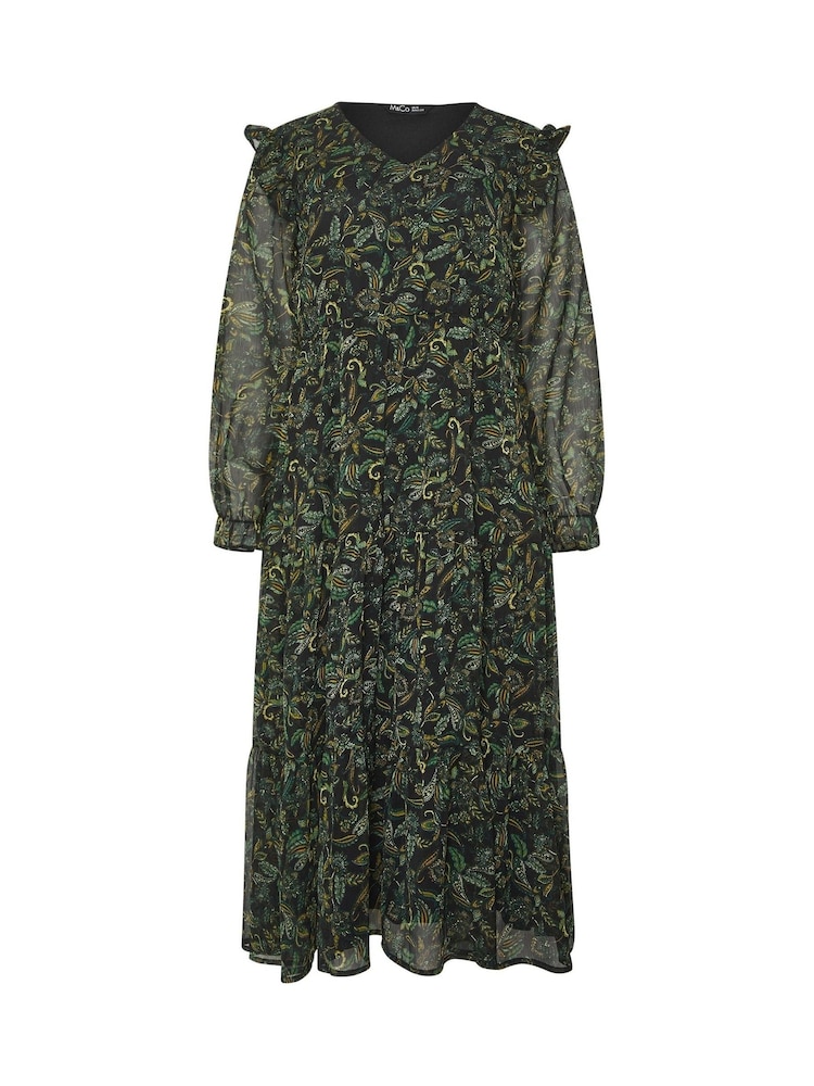 M&Co Black Floral Print Chiffon Long Sleeve Boho Dress - Image 2 of 2
