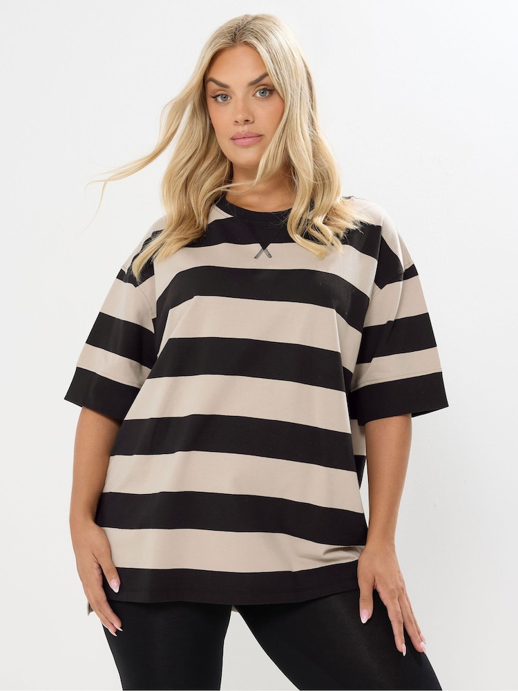 Yours Curve Black Heavyweight Ribbed Mix T-Shirt - Image 1 of 5