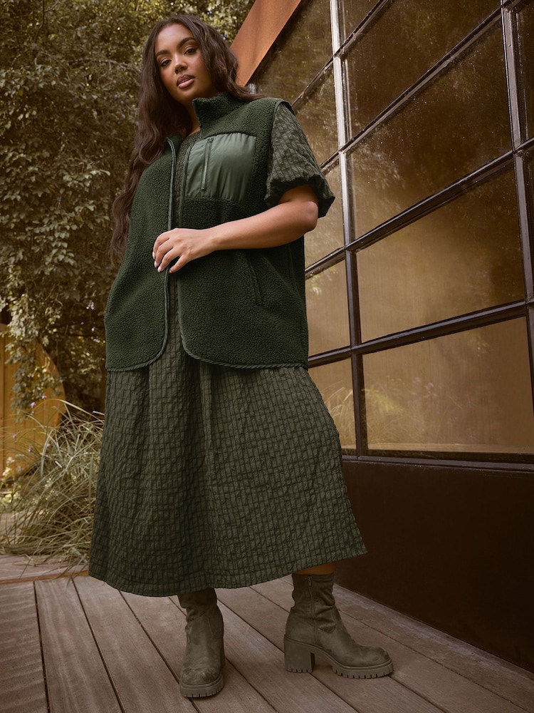 Yours Curve Green Borg Nylon Pocket Gilet - Image 1 of 10