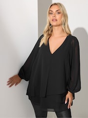 Yours Curve Black London Bellow Long Sleeve Layered Blouse - Image 1 of 5