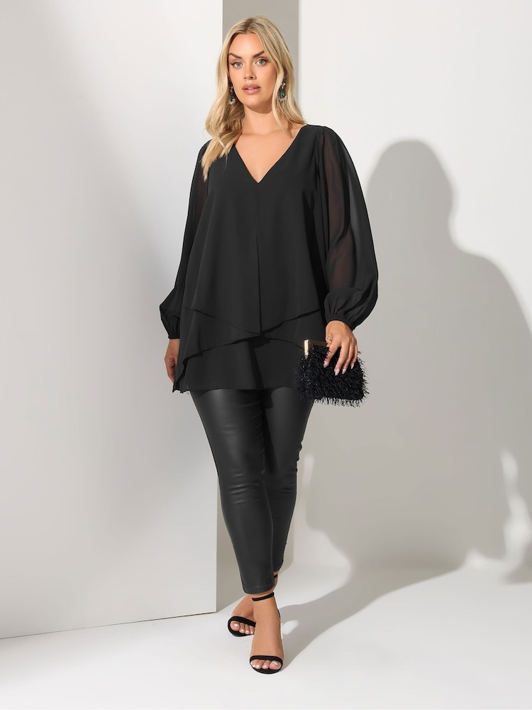 Yours Curve Black London Bellow Long Sleeve Layered Blouse - Image 2 of 5