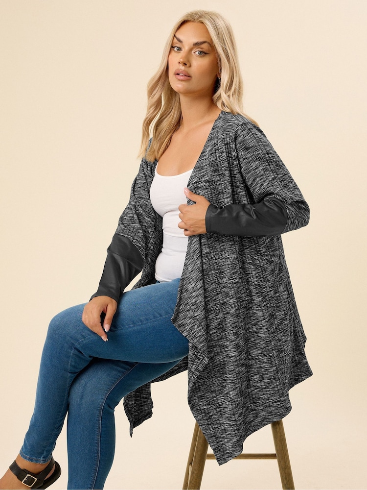 Yours Curve Grey Luxury Ribbed PU Sleeve Cardigan - Image 1 of 5