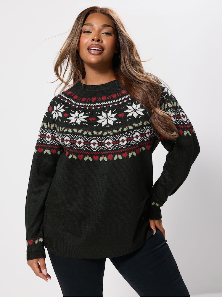 Yours Curve Black Novelty Fairisle Jumper - Image 1 of 5