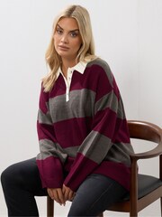 Yours Curve Red Rugby Collar Wide Stripe Jumper - Image 1 of 5