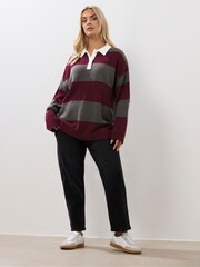 Yours Curve Red Rugby Collar Wide Stripe Jumper - Image 2 of 5