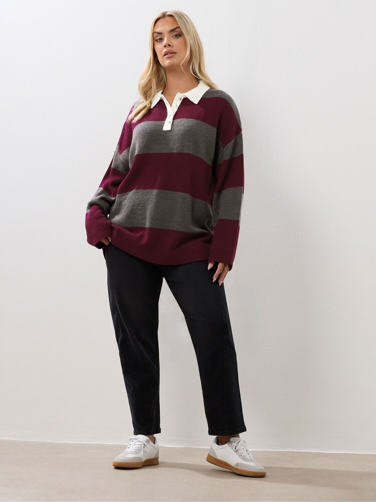 Yours Curve Red Rugby Collar Wide Stripe Jumper - Image 2 of 5