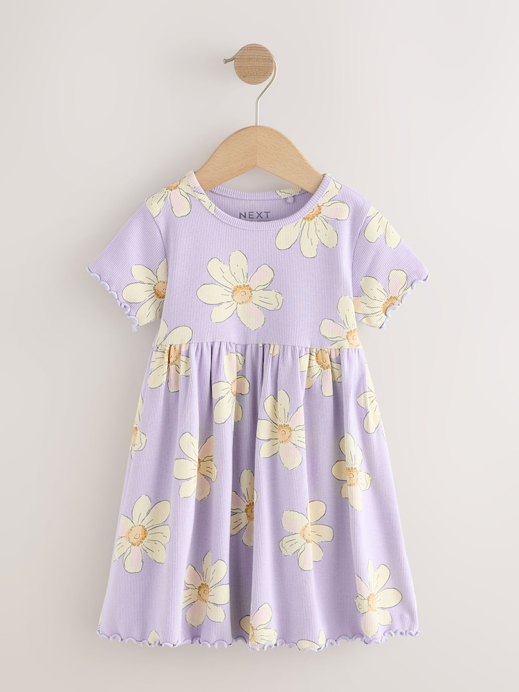 Lila z marjeticami - Rebrasta obleka s kratkimi rokavi (3mes-7let) - Slika 1 iz 4