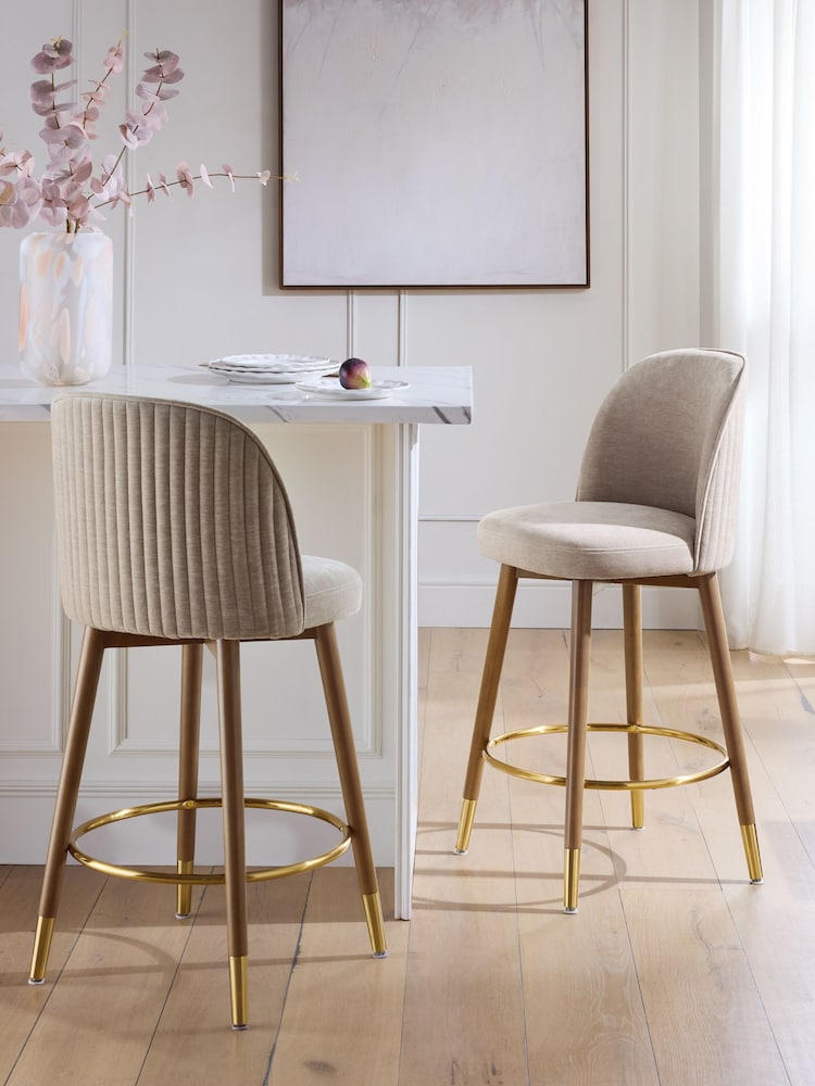 Relaxed Chenille Light Natural Dark Wood Leg Valencia Bar Stool - Image 1 of 8 Relaxed Chenille Light Natural Dark Wood Leg Valencia Bar Stool - Image 1 of 8