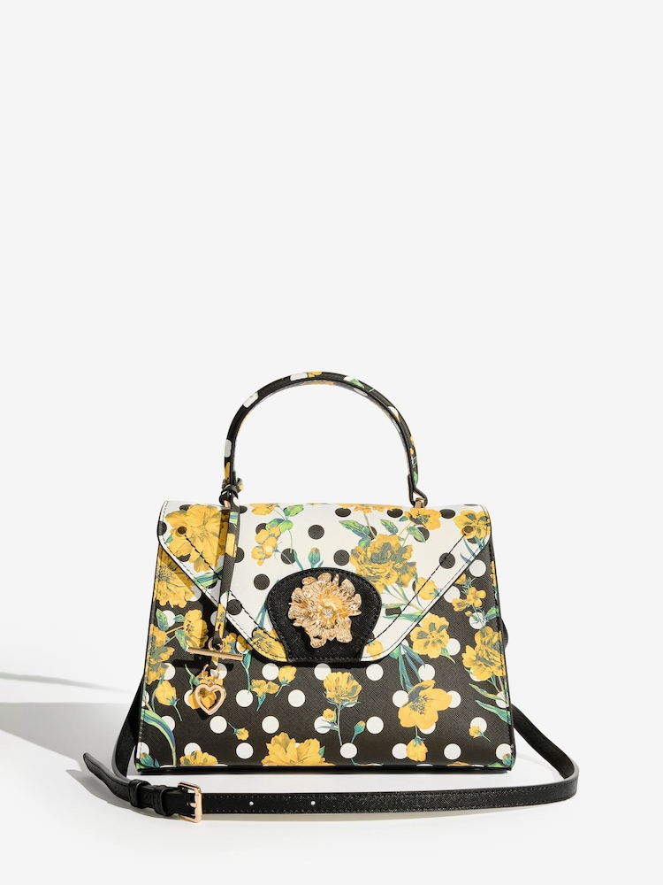 Lipsy Black/White Polka Dot Floral Top Handle Bag - Image 2 of 5