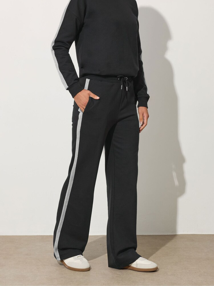 Long Tall Sally Black Metallic Stripe Wide Leg Joggers - Image 2 of 5 Long Tall Sally Black Metallic Stripe Wide Leg Joggers - Image 2 of 5