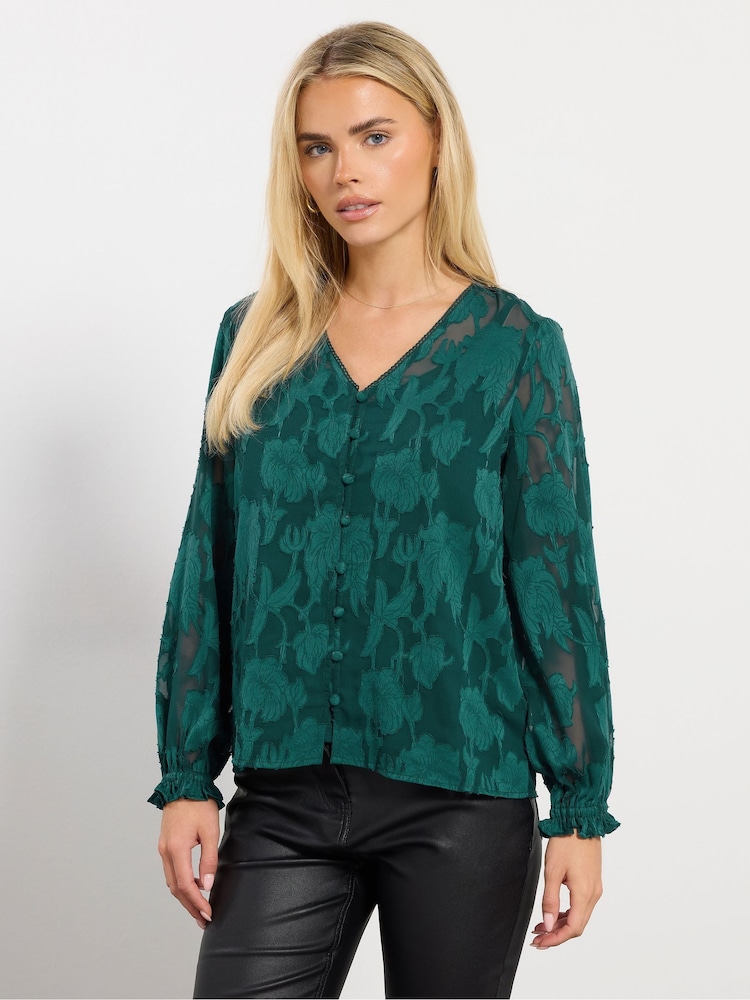 M&Co Green Petite Jacquard V-Neck Blouse - Image 1 of 9 M&Co Green Petite Jacquard V-Neck Blouse - Image 1 of 9