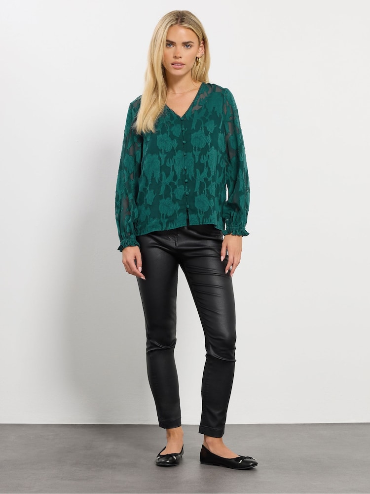 M&Co Green Petite Jacquard V-Neck Blouse - Image 2 of 9 M&Co Green Petite Jacquard V-Neck Blouse - Image 2 of 9