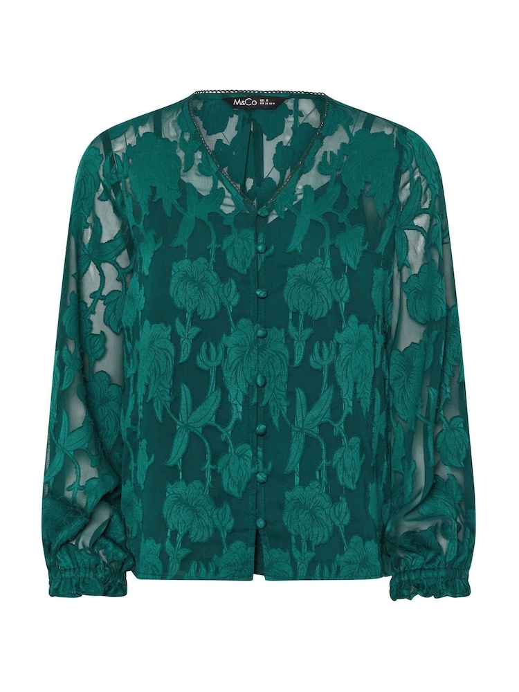 M&Co Green Petite Jacquard V-Neck Blouse - Image 9 of 9