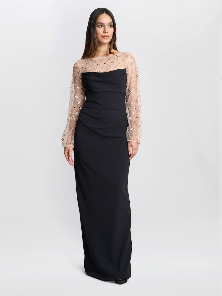 Gina Bacconi Arielle Embellished Mesh Sleeve Black Dress - Image 1 of 5 Gina Bacconi Arielle Embellished Mesh Sleeve Black Dress - Image 1 of 5