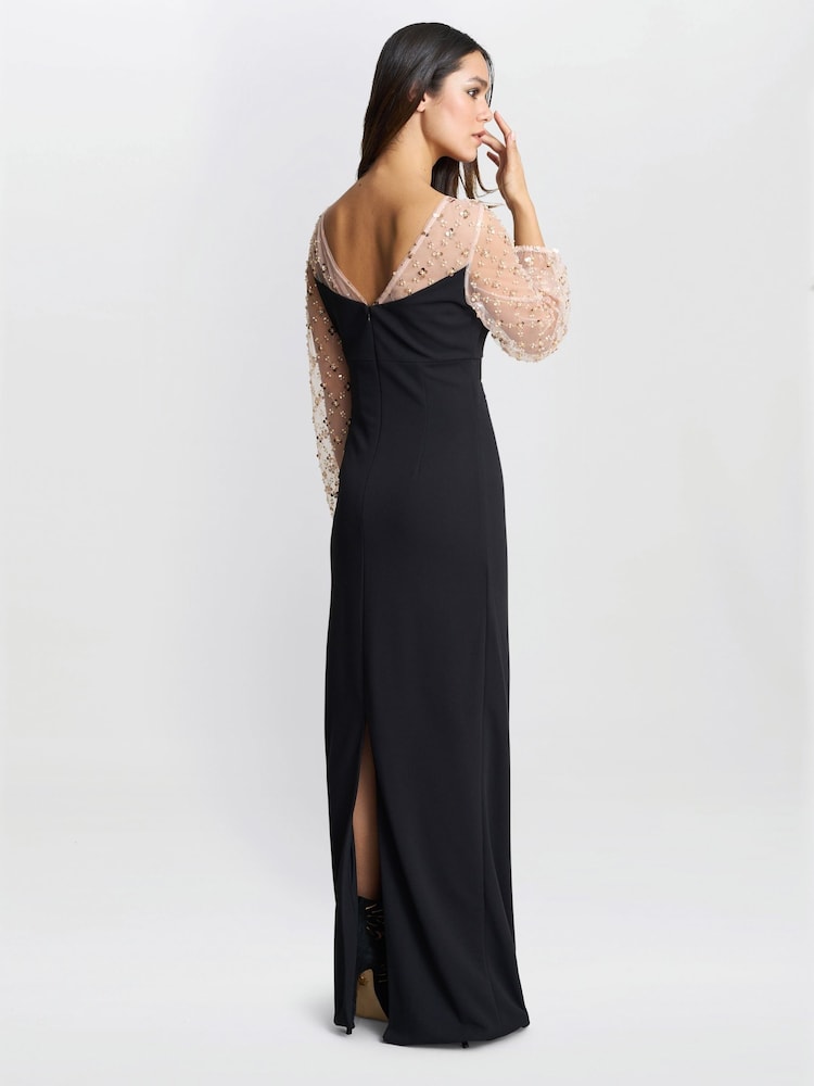 Gina Bacconi Arielle Embellished Mesh Sleeve Black Dress - Image 2 of 5 Gina Bacconi Arielle Embellished Mesh Sleeve Black Dress - Image 2 of 5