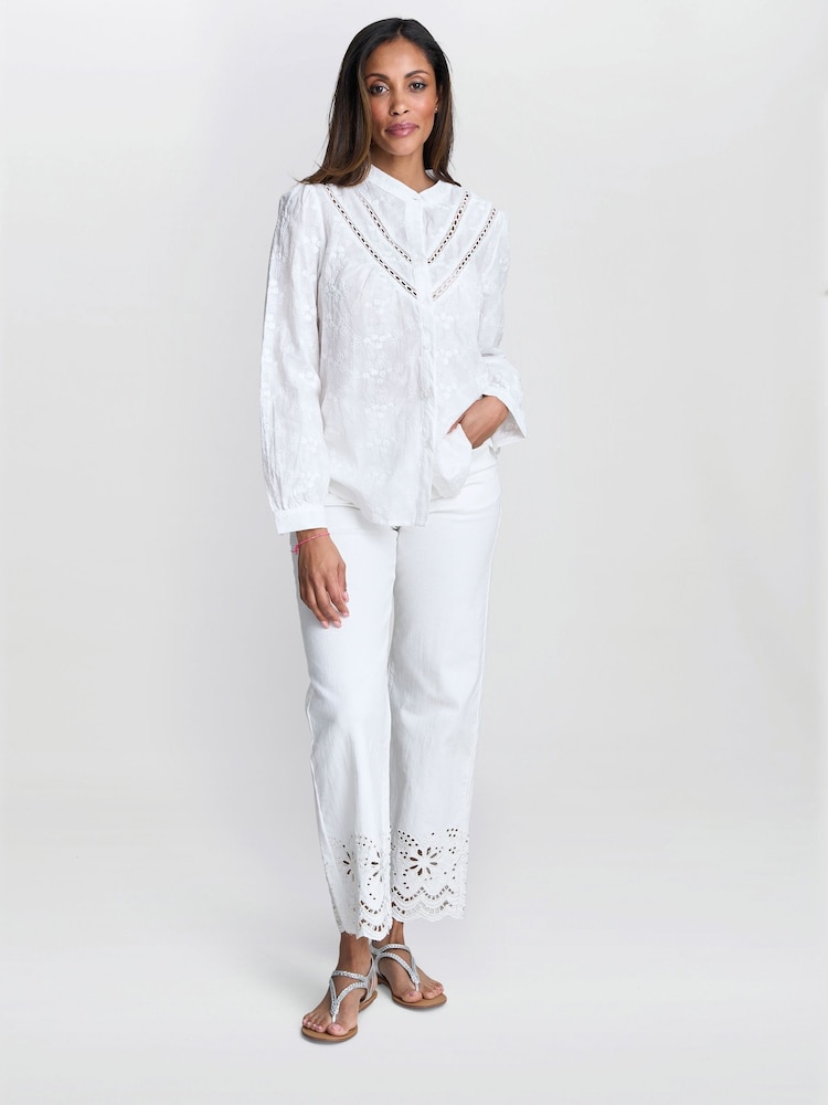 Gina Bacconi Cindi Embroidered Cotton Collarless White Shirt - Image 1 of 2 Gina Bacconi Cindi Embroidered Cotton Collarless White Shirt - Image 1 of 2