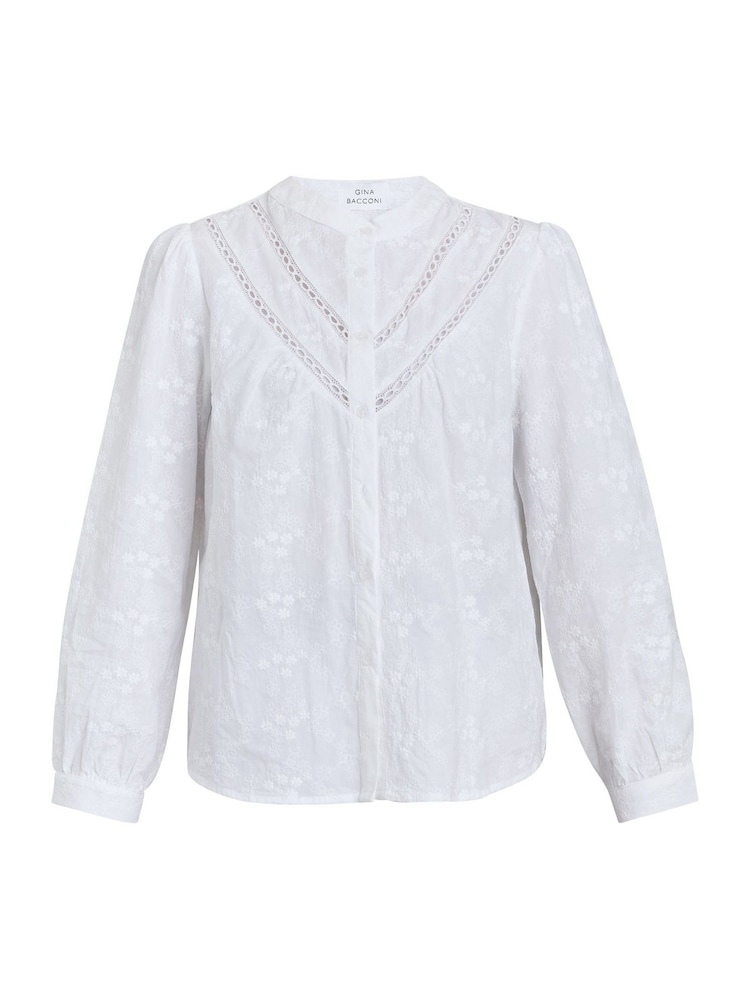Gina Bacconi Cindi Embroidered Cotton Collarless White Shirt - Image 2 of 2 Gina Bacconi Cindi Embroidered Cotton Collarless White Shirt - Image 2 of 2
