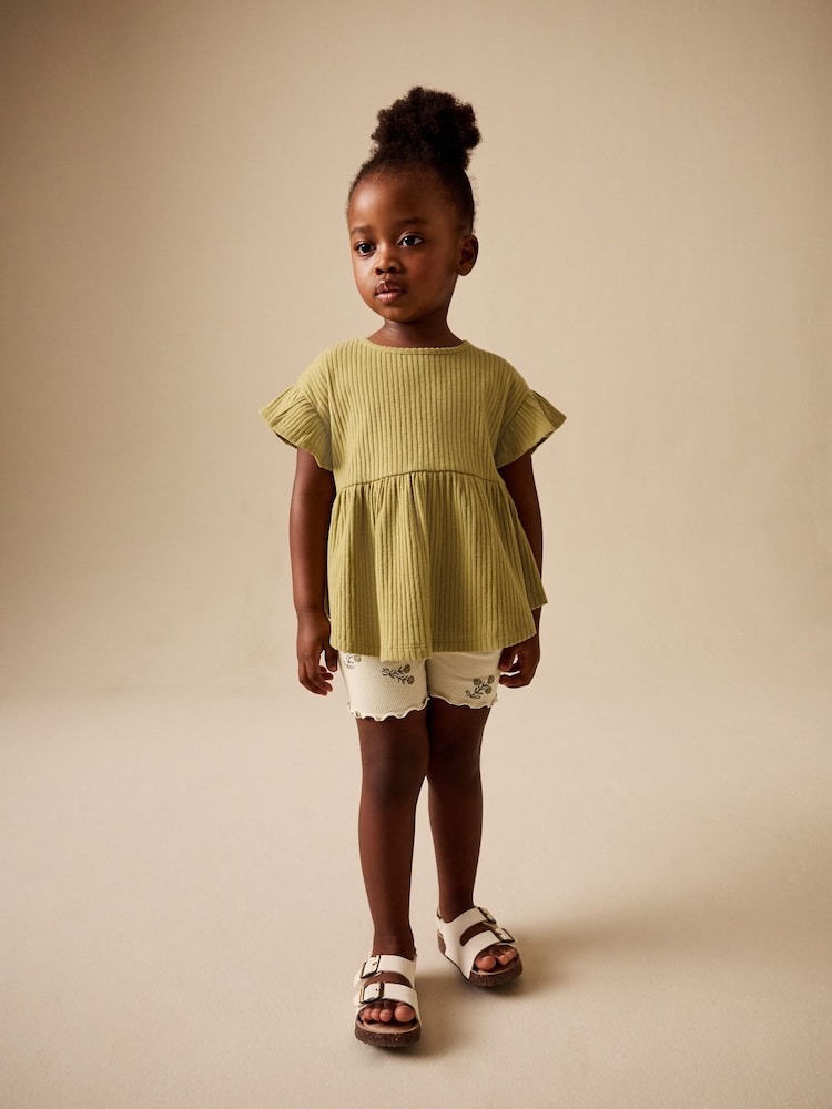 Green Ditsy Floral Ribbed Top and Cycle Shorts Set (3mths-7yrs) - Image 1 of 8 Green Ditsy Floral Ribbed Top and Cycle Shorts Set (3mths-7yrs) - Image 1 of 8