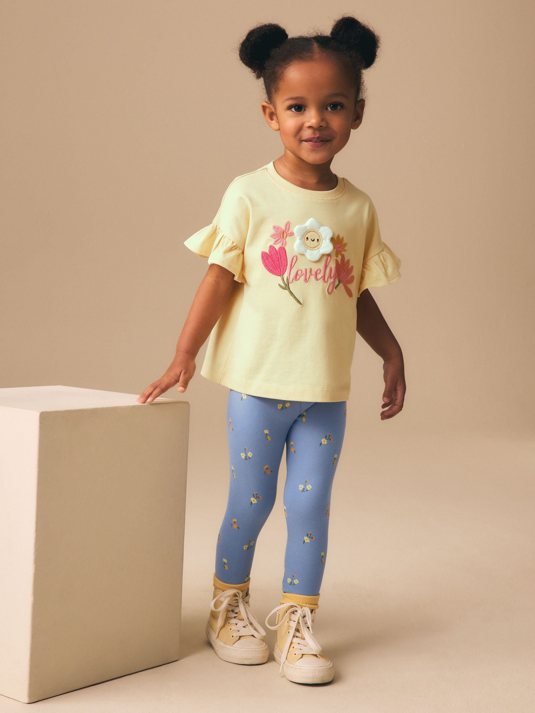 Buy Yellow Padded Flower Short Sleeve T-Shirt and Leggings Set