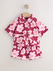 Pink/Plum Stampy Flower Short Sleeve Button Shirt and Shorts Set (3mths-7yrs) - Image 5 of 9