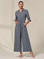 Jolie Moi Blue Tie Half Sleeve Wide Leg Jumpsuit - Image 1 of 6