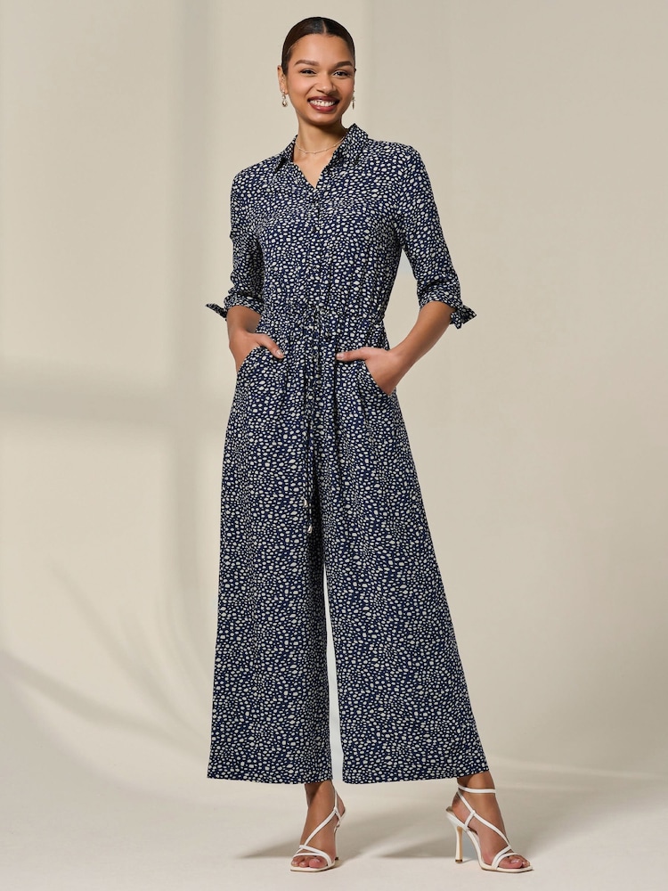 Jolie Moi Blue Tie Half Sleeve Wide Leg Jumpsuit - Image 1 of 6 Jolie Moi Blue Tie Half Sleeve Wide Leg Jumpsuit - Image 1 of 6