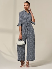 Jolie Moi Blue Tie Half Sleeve Wide Leg Jumpsuit - Image 6 of 6