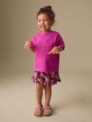 Pink/Purple Palm Tree Embroidery Short Sleeve Top and Shorts Set (3mths-7yrs) - Image 1 of 9