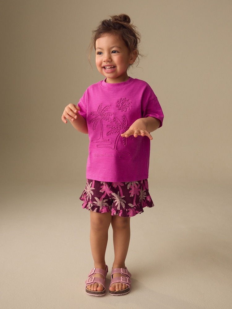 Pink/Purple Palm Tree Embroidery Short Sleeve Top and Shorts Set (3mths-7yrs) - Image 1 of 9