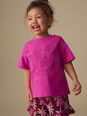 Pink/Purple Palm Tree Embroidery Short Sleeve Top and Shorts Set (3mths-7yrs) - Image 4 of 9