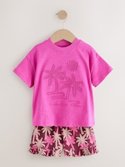 Pink/Purple Palm Tree Embroidery Short Sleeve Top and Shorts Set (3mths-7yrs) - Image 5 of 9