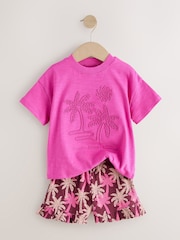 Pink/Purple Palm Tree Embroidery Short Sleeve Top and Shorts Set (3mths-7yrs) - Image 7 of 9