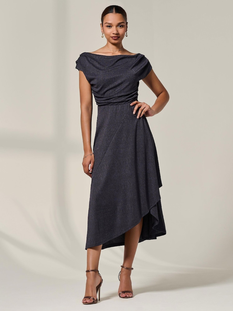 blue dress for baby girl One Shoulder Asymmetrical Draped Satin Midi Dress In Cafe Mocha