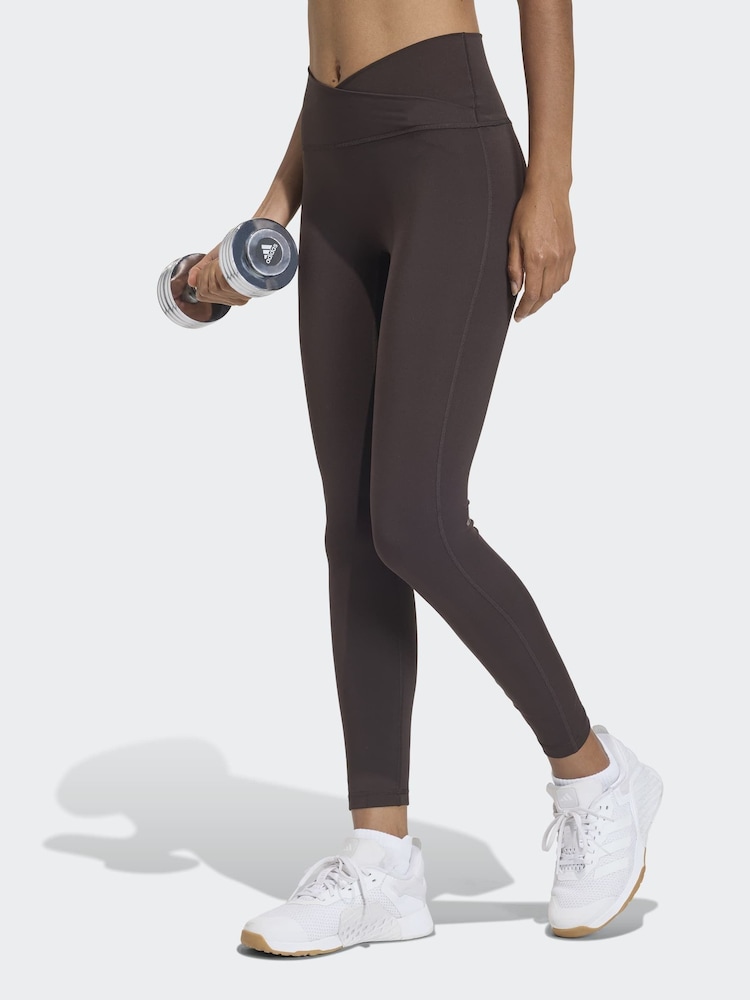 adidas Dark Brown 3 Stripe Studio Cross-Over Leggings - Image 1 of 6