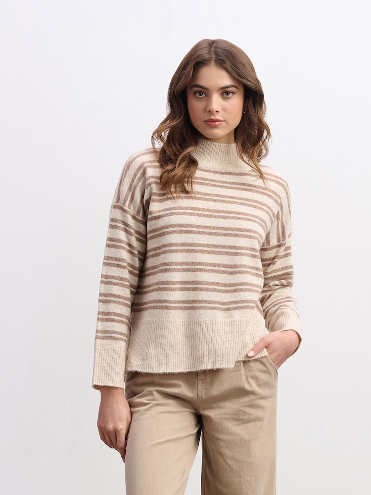 Hatley Natural Double Stripe Camel Mock Neck Jumper - Image 1 of 5 Hatley Natural Double Stripe Camel Mock Neck Jumper - Image 1 of 5