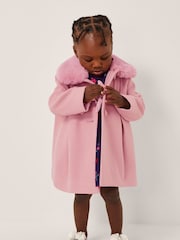 Monsoon Pink Baby Faux Fur Collar Bow Coat - Image 1 of 1