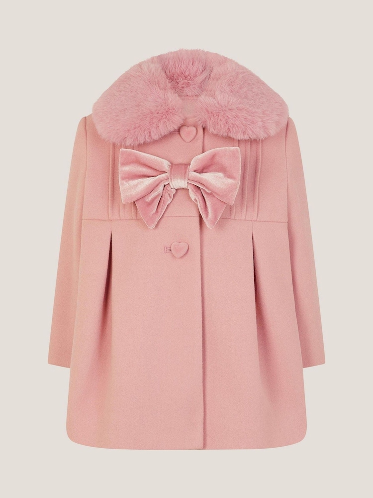 Monsoon Baby Faux Fur Collar Bow Coat - صورة 2 من 4