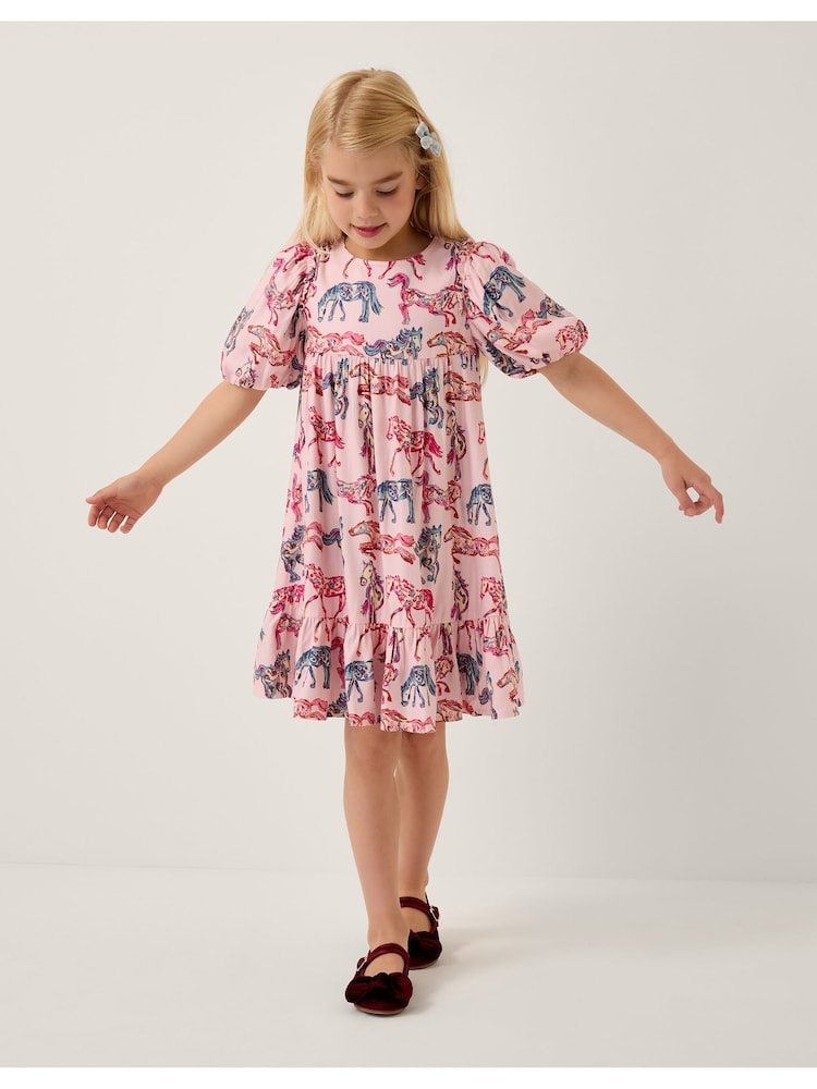 Monsoon Pink Horse Print Puff Sleeve Dress - Image 1 of 1 Monsoon Pink Horse Print Puff Sleeve Dress - Image 1 of 1