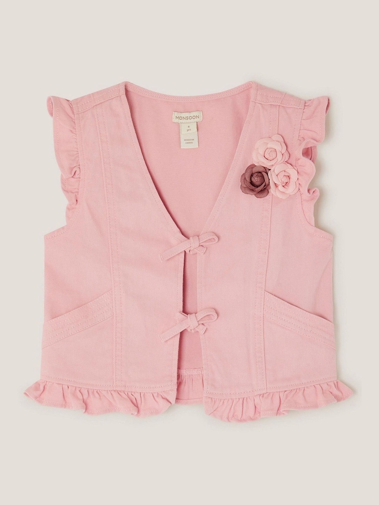 Monsoon Pink Flower Print Denim Waistcoat - Image 1 of 3 Monsoon Pink Flower Print Denim Waistcoat - Image 1 of 3