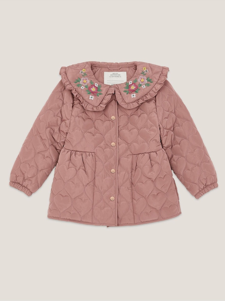 Monsoon Pink Embroidered Heart Quilted Coat - Image 1 of 3 Monsoon Pink Embroidered Heart Quilted Coat - Image 1 of 3